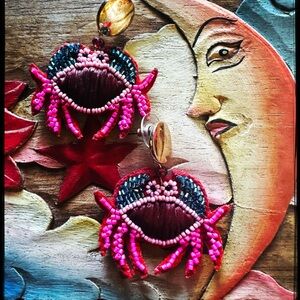 Beaded Pink and Blue Crab Earrings